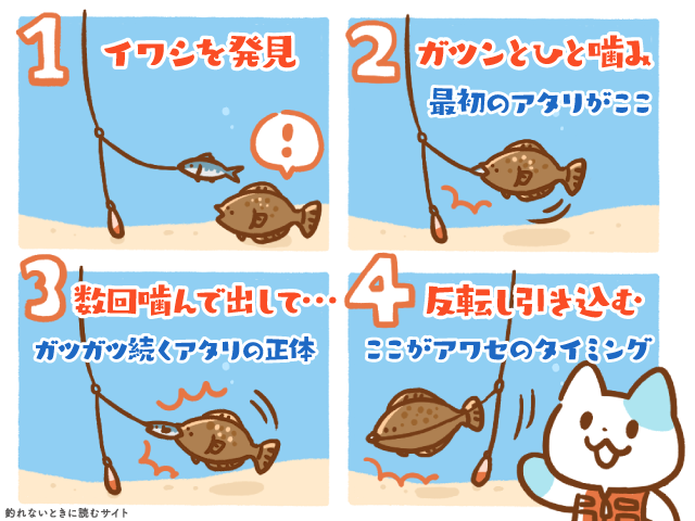 ヒラメ釣りのアタリとアワセのイメージ図