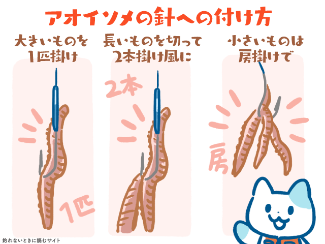 カレイ釣りのアオイソメの針への付け方